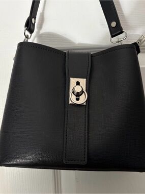 Black Leather-Look Shoulder Bag with Silver Hardware